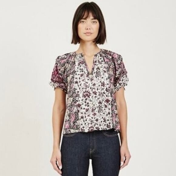 Ulla Johnson top Small Arusi Poplin Top Pink Print Cotton Silk Puff Floral - Picture 10 of 13